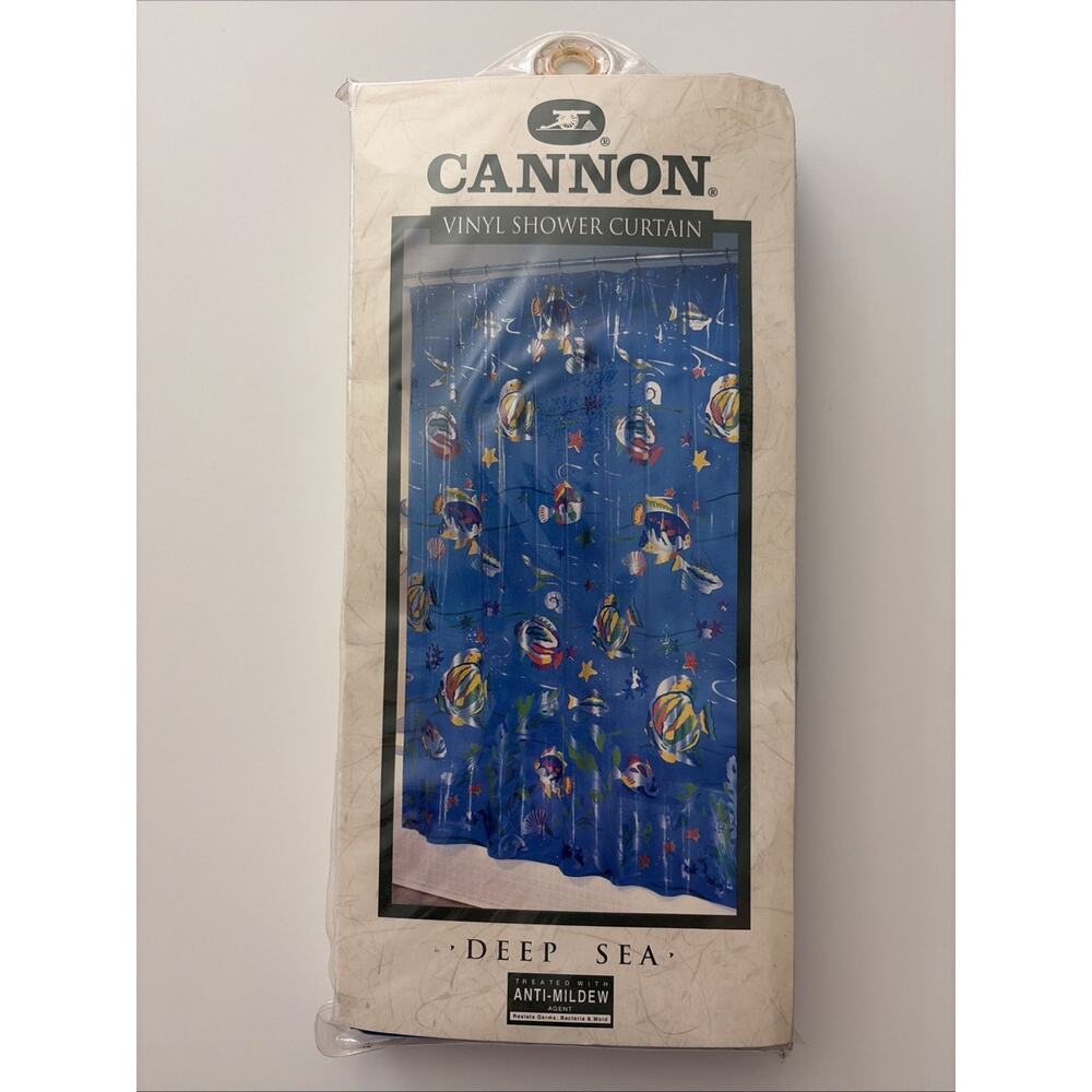 Vintage Cannon Vinyl Shower Curtain Fish Deep Sea Colorful 70x72"